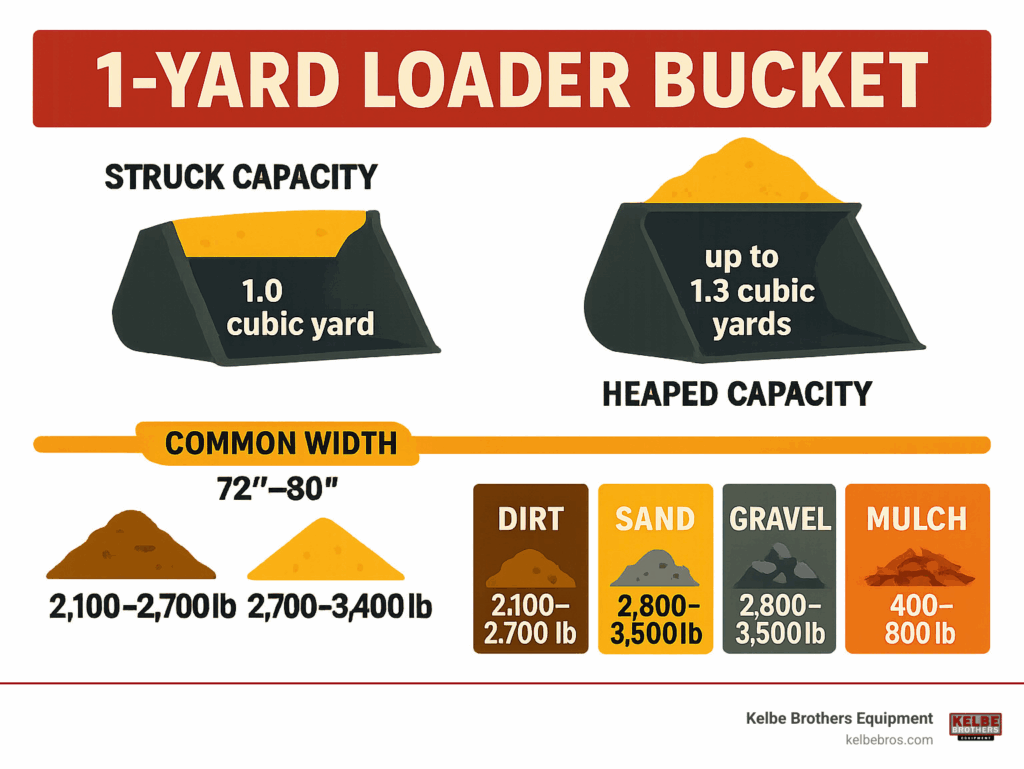 Infographic showing the difference between struck capacity (1.0 cubic yard level fill) and heaped capacity (up to 1.3 cubic yards with material piled above bucket rim), plus common bucket width measurements and weight specifications for different construction materials - 1 yard loader bucket infographic