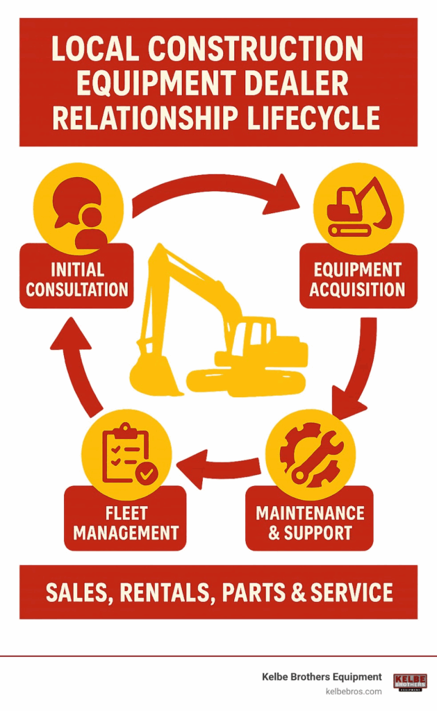 Local Construction Equipment Dealer Relationship Lifecycle showing the connected services from initial consultation through ongoing support and fleet management - local construction equipment dealer infographic