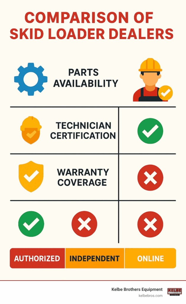 Comparison of dealer services showing parts availability, technician certification, and warranty coverage across different dealer types - skid loader dealers infographic