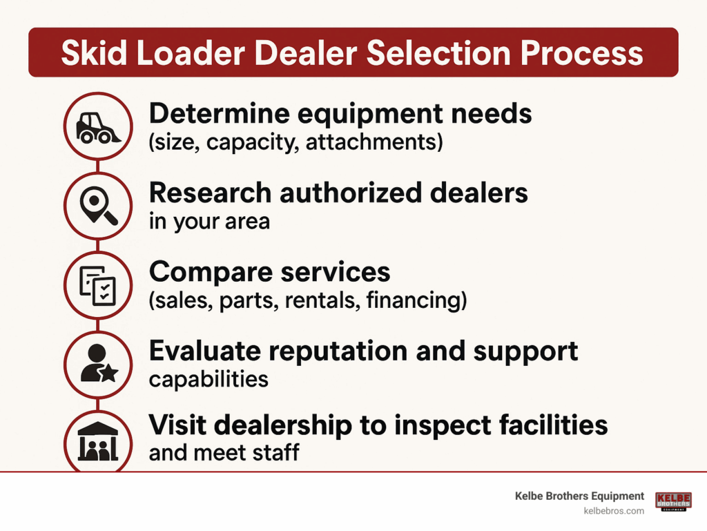 Skid Loader Dealer Selection Process showing: 1) Determine equipment needs (size, capacity, attachments), 2) Research authorized dealers in your area, 3) Compare services (sales, parts, rentals, financing), 4) Evaluate reputation and support capabilities, 5) Visit dealership to inspect facilities and meet staff - skid loader dealers infographic