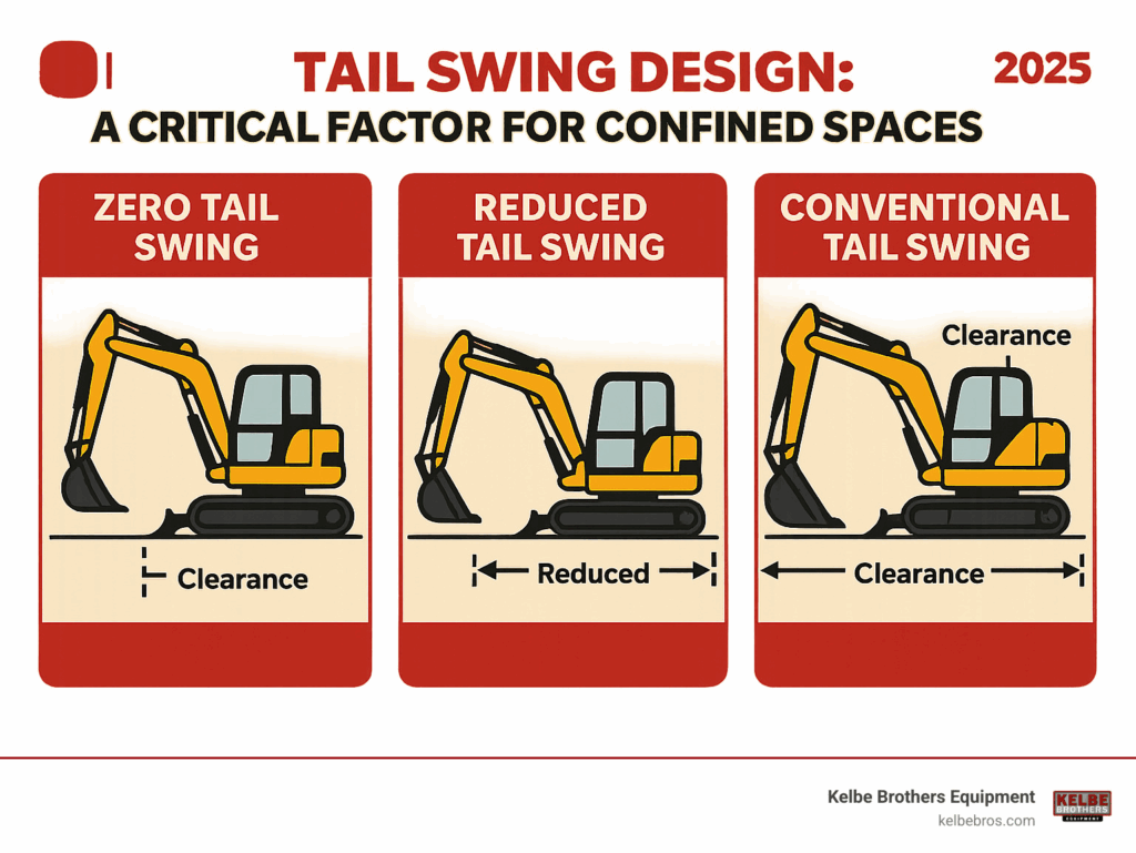 Infographic explaining zero tail swing, reduced tail swing, and conventional tail swing excavators with diagrams showing clearance requirements - mini excavator sizes infographic