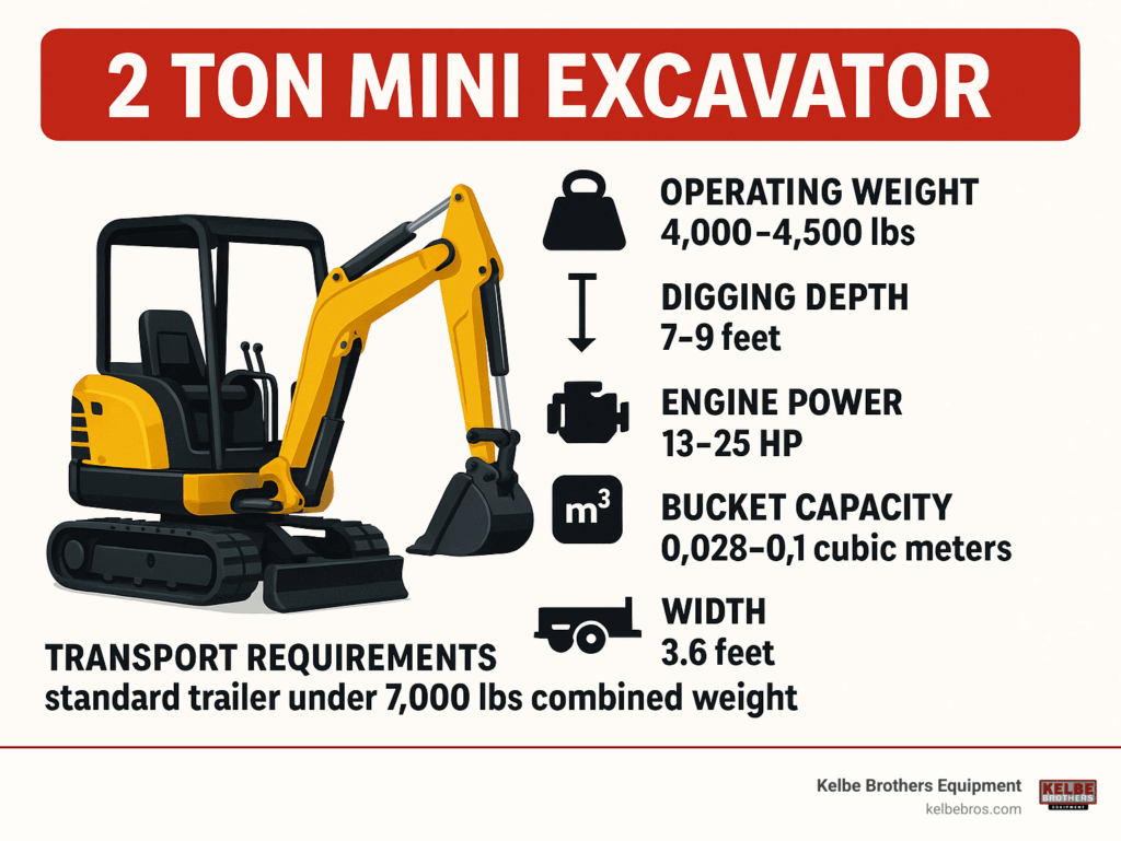Comparison of 2 ton mini excavator specifications showing operating weight (4,000-4,500 lbs), digging depth (7-9 feet), engine power (13-25 HP), bucket capacity (0.028-0.1 cubic meters), width (3.6 feet), and transport requirements (standard trailer under 7,000 lbs combined weight) - 2 ton mini excavator infographic