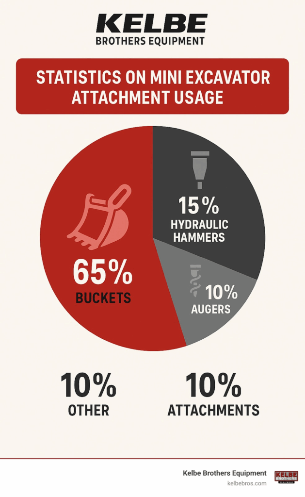 Statistics on mini excavator attachment usage showing buckets (65%), hydraulic hammers (15%), augers (10%), and other attachments (10%) - 2 ton mini excavator infographic