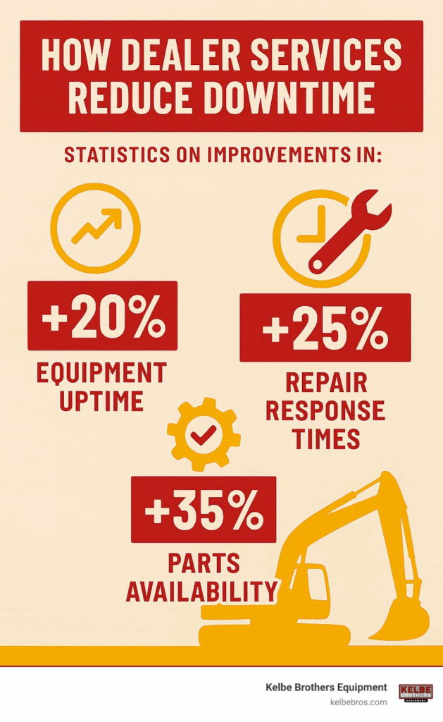 Statistics on how dealer services reduce downtime showing percentage improvements in equipment uptime, repair response times, and parts availability - construction equipment dealers near me infographic