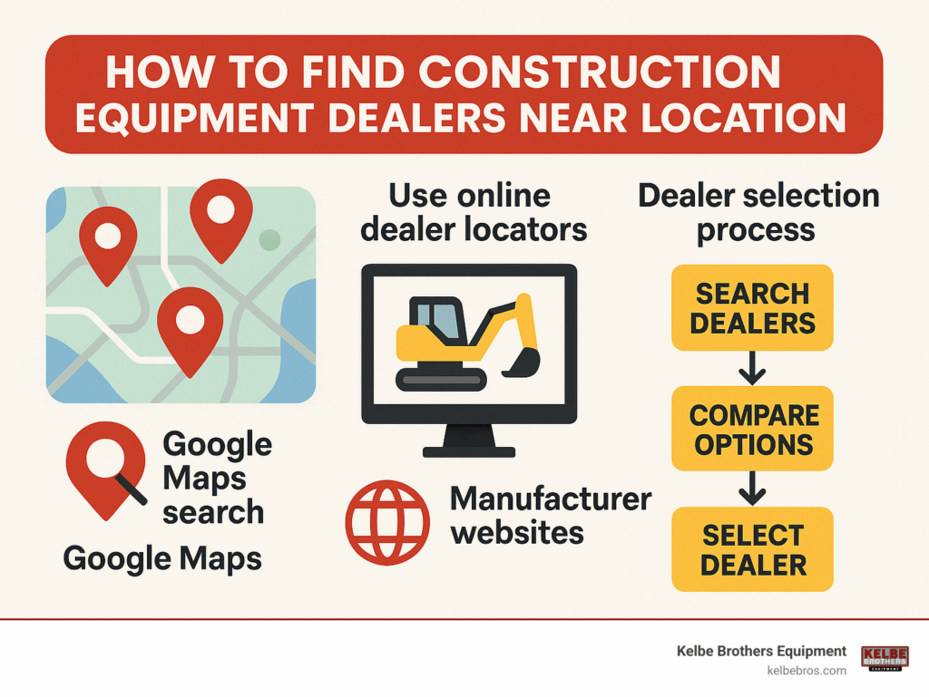 How to find construction equipment dealers near your location showing a map with dealer pins, search tools, manufacturer websites, and a flowchart of the dealer selection process - construction equipment dealers near me infographic