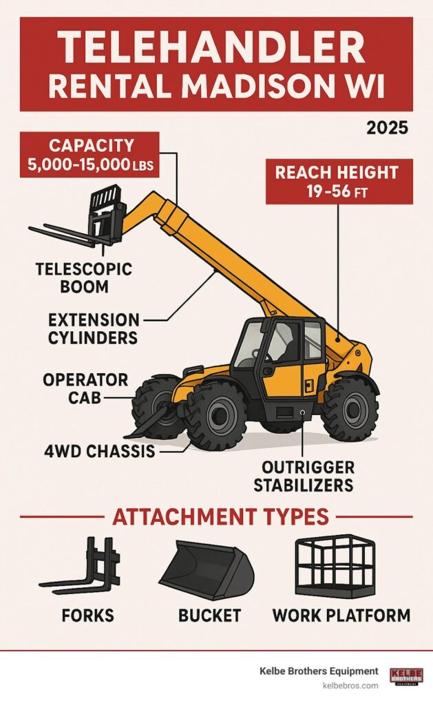 Detailed infographic showing Hitachi excavator components including boom, arm, operator cab with joystick controls, 4WD undercarriage with rubber tracks, and common attachment types like buckets, grapples, and hydraulic hammers – construction equipment rentals Madison WI infographic