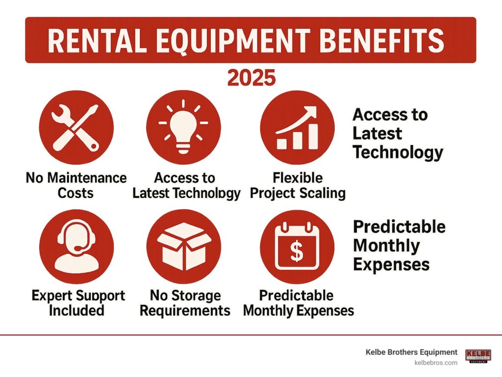 Infographic showing rental equipment benefits: no maintenance costs, access to latest technology, flexible project scaling, expert support included, no storage requirements, and predictable monthly expenses - rental equipment near me infographic