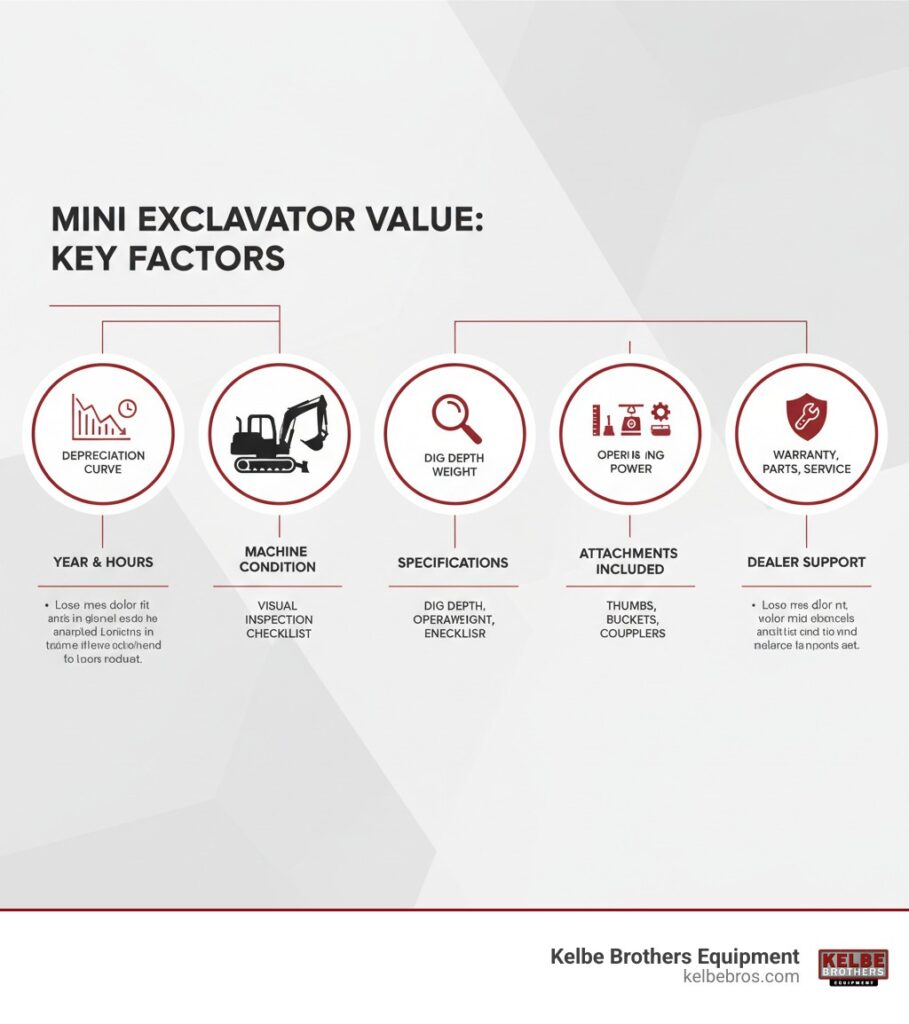 INFOGRAPHIC SHOWING THE FIVE MAIN FACTORS THAT DETERMINE MINI EXCAVATOR VALUE: YEAR AND HOURS (DEPRECIATION CURVE), MACHINE CONDITION (VISUAL INSPECTION CHECKLIST), SPECIFICATIONS (DIG DEPTH, OPERATING WEIGHT, ENGINE POWER), ATTACHMENTS INCLUDED (THUMBS, BUCKETS, COUPLERS), AND DEALER SUPPORT (WARRANTY, PARTS, SERVICE) - CASE CX26C PRICE INFOGRAPHIC