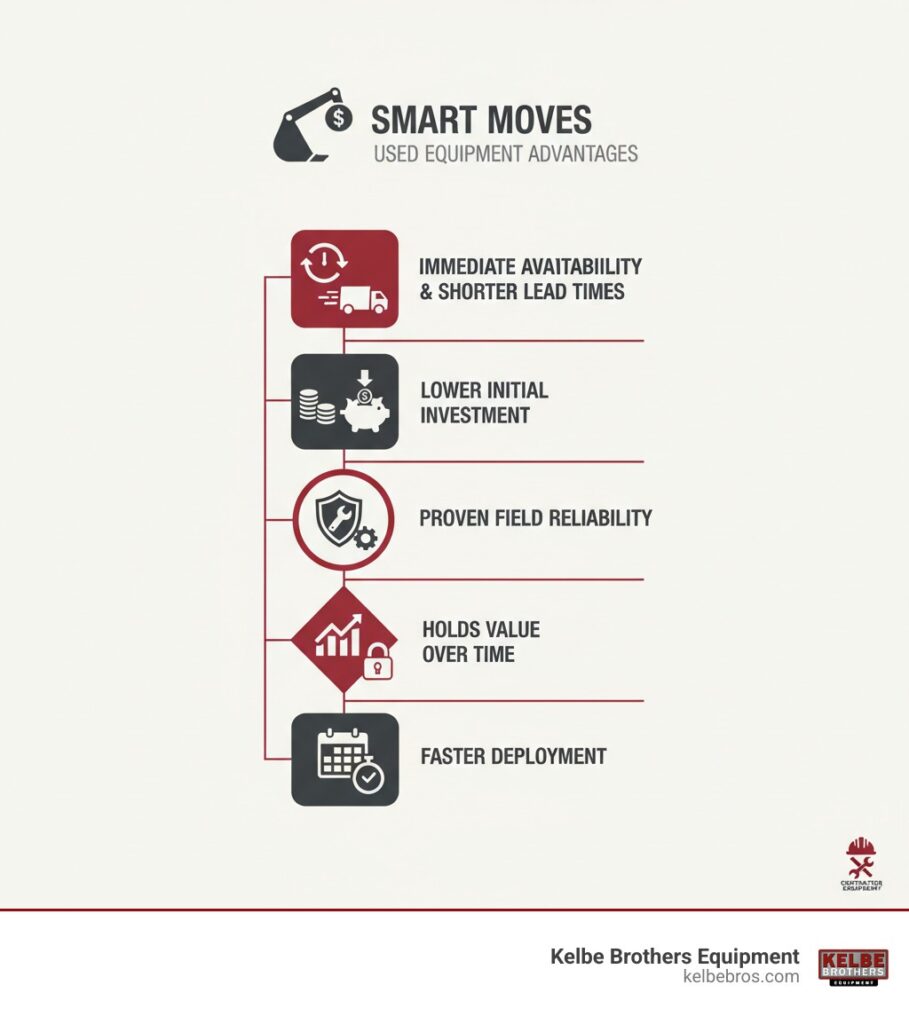 infographic showing benefits of buying used contractor equipment including immediate availability, lower initial investment, proven field reliability, holding value over time, and shorter lead times compared to new equipment - used contractor equipment infographic