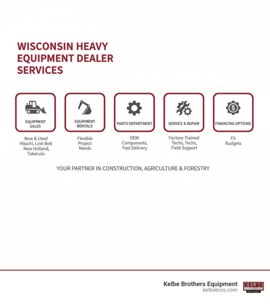 Infographic showing the key services offered by Wisconsin heavy equipment dealers: New and Used Equipment Sales with brands like Hitachi, Link-Belt, New Holland, and Takeuchi; Equipment Rentals for flexible project needs; Parts Department with OEM components and fast delivery; Service and Repair with factory-trained technicians and field support; and Financing Options to fit project budgets - Wisconsin heavy equipment dealers infographic