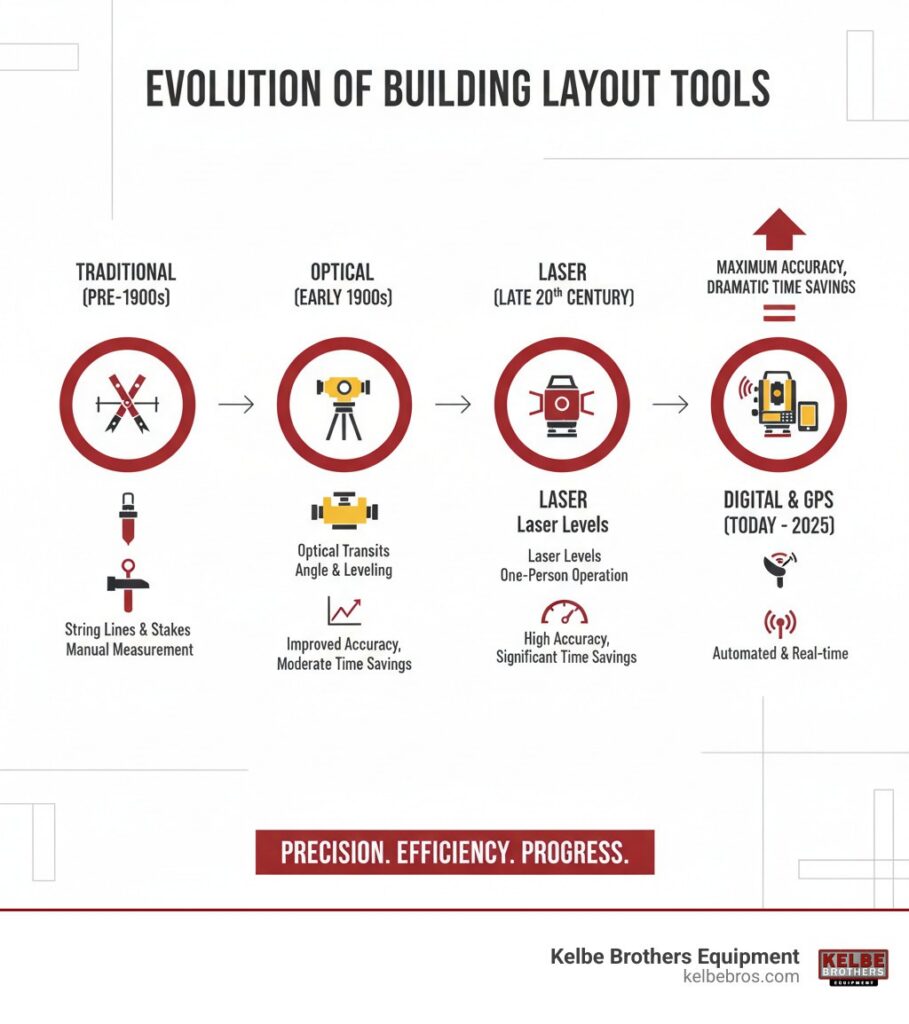 infographic showing the evolution of building layout tools from traditional string lines and stakes through optical transits to modern laser levels and GPS-guided robotic total stations with accuracy improvements and time savings at each stage - building layout tools infographic