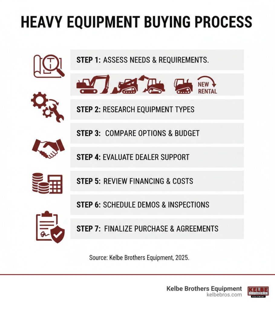 Infographic showing the heavy equipment buying process: Step 1 - Assess your project needs and equipment requirements; Step 2 - Research equipment types including excavators, wheel loaders, skid steers, and compact track loaders; Step 3 - Compare new, used, and rental options based on budget and timeline; Step 4 - Evaluate dealers on parts availability, service response, and technical support; Step 5 - Review financing options and total ownership costs; Step 6 - Schedule equipment demos and inspections; Step 7 - Finalize purchase with clear warranty and service agreements - heavy equipment sales infographic
