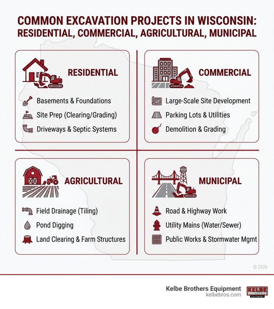 infographic explaining the common types of excavation projects in Wisconsin: Residential, Commercial, Agricultural, and Municipal - excavator service Wisconsin infographic