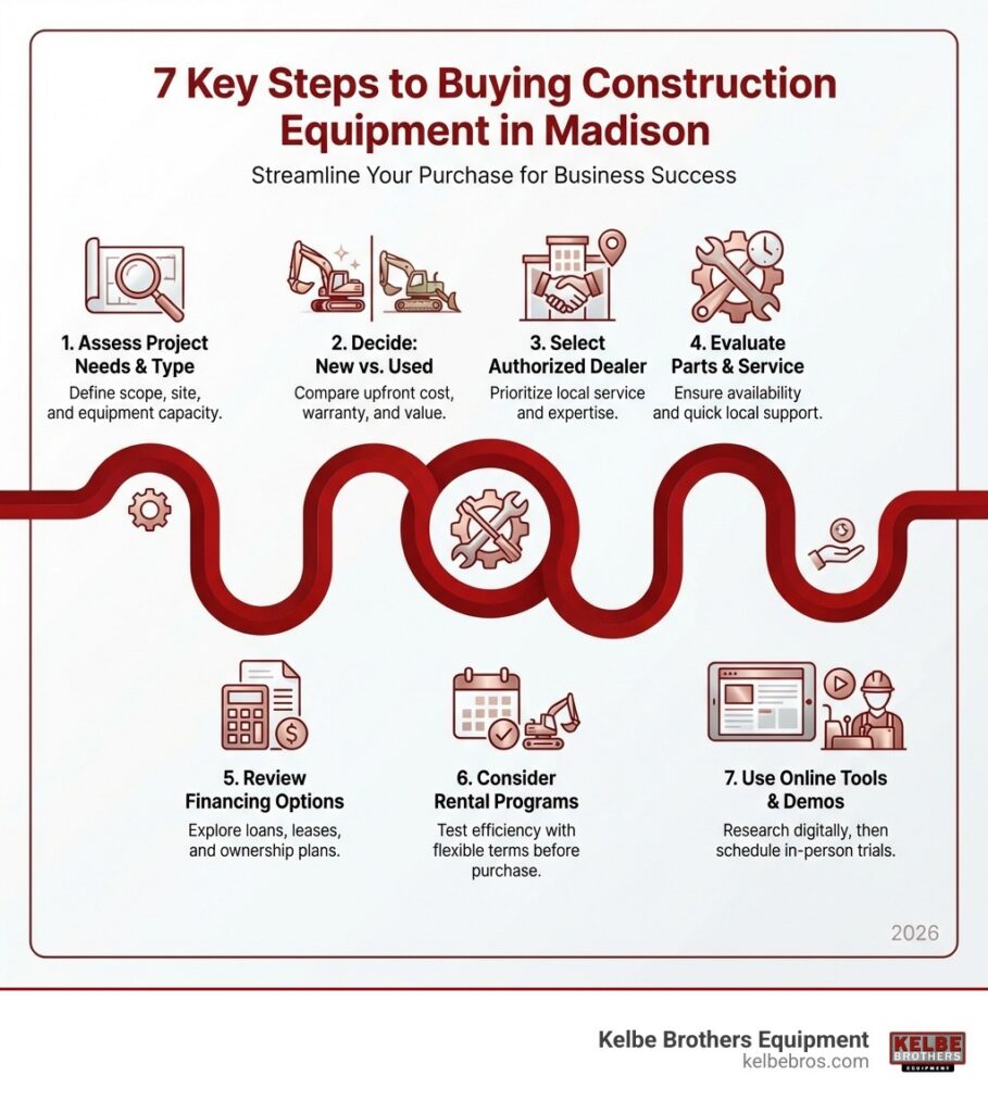Infographic showing the 7 key steps to buying construction equipment in Madison: 1) Assess project needs and identify equipment type, 2) Decide between new vs used equipment, 3) Select an authorized dealer with local service, 4) Evaluate parts availability and service support, 5) Review financing and ownership options, 6) Consider rental programs before purchase, 7) Use online tools plus in-person demos - construction equipment sales Madison infographic