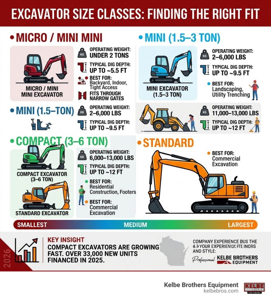 Infographic showing excavator size classes from micro to large with weight and dig depth ranges - mini mini excavator