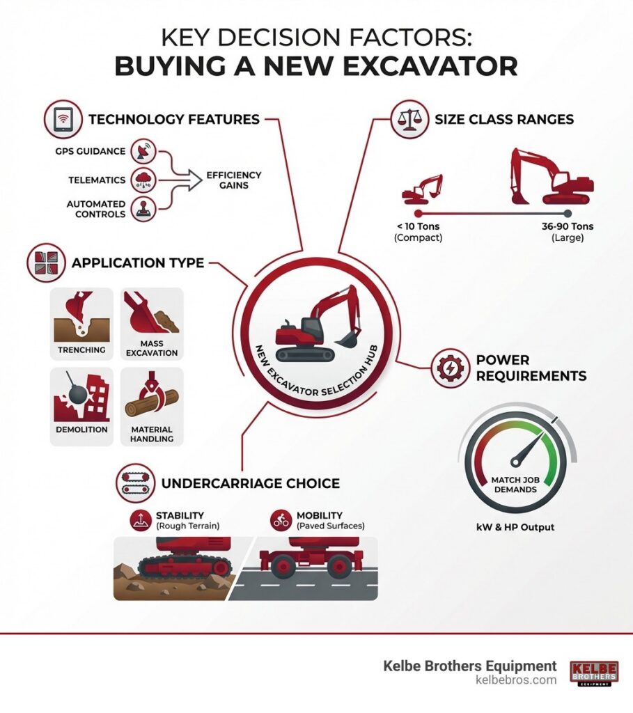 Infographic showing the key decision factors when buying a new excavator: Size Class ranges from compact under 10 tons to large 36-90 tons, Power Requirements measured in kW or HP matching job demands, Application Type including trenching, mass excavation, demolition, and material handling, Technology Features like GPS guidance and telematics for efficiency gains, and Undercarriage Choice between tracked for stability on rough terrain versus wheeled for mobility on paved surfaces - New excavators for sale infographic