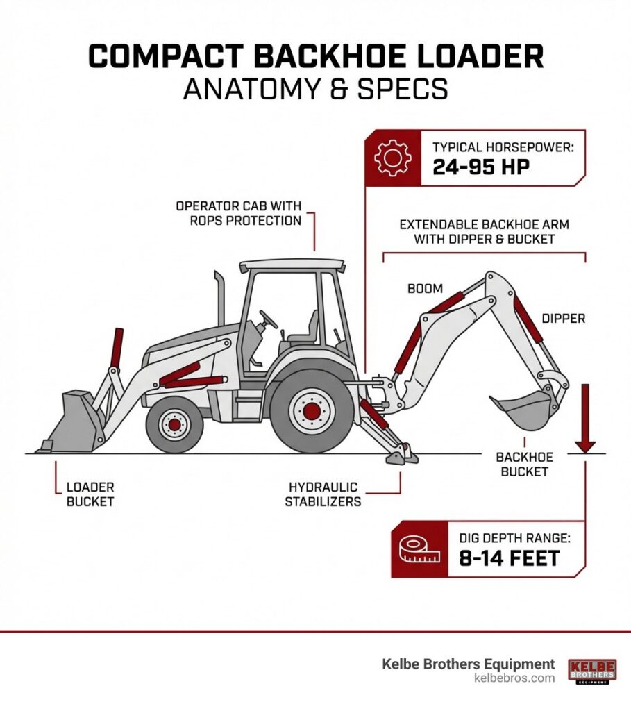 infographic explaining compact backhoe loader anatomy with labeled components: loader bucket at front, operator cab with ROPS protection, hydraulic stabilizers at rear, and extendable backhoe arm with dipper and bucket, plus callouts for dig depth range 8-14 feet and typical horsepower 24-95 HP - best compact backhoe infographic