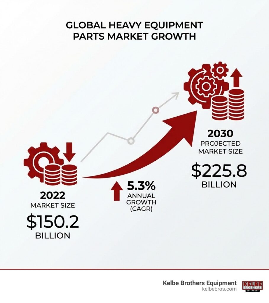 INFOGRAPHIC EXPLAINING THE GLOBAL HEAVY EQUIPMENT PARTS MARKET GROWTH FROM $150.2B IN 2022 TO A PROJECTED $225.8B BY 2030 - HEAVY EQUIPMENT PARTS INFOGRAPHIC