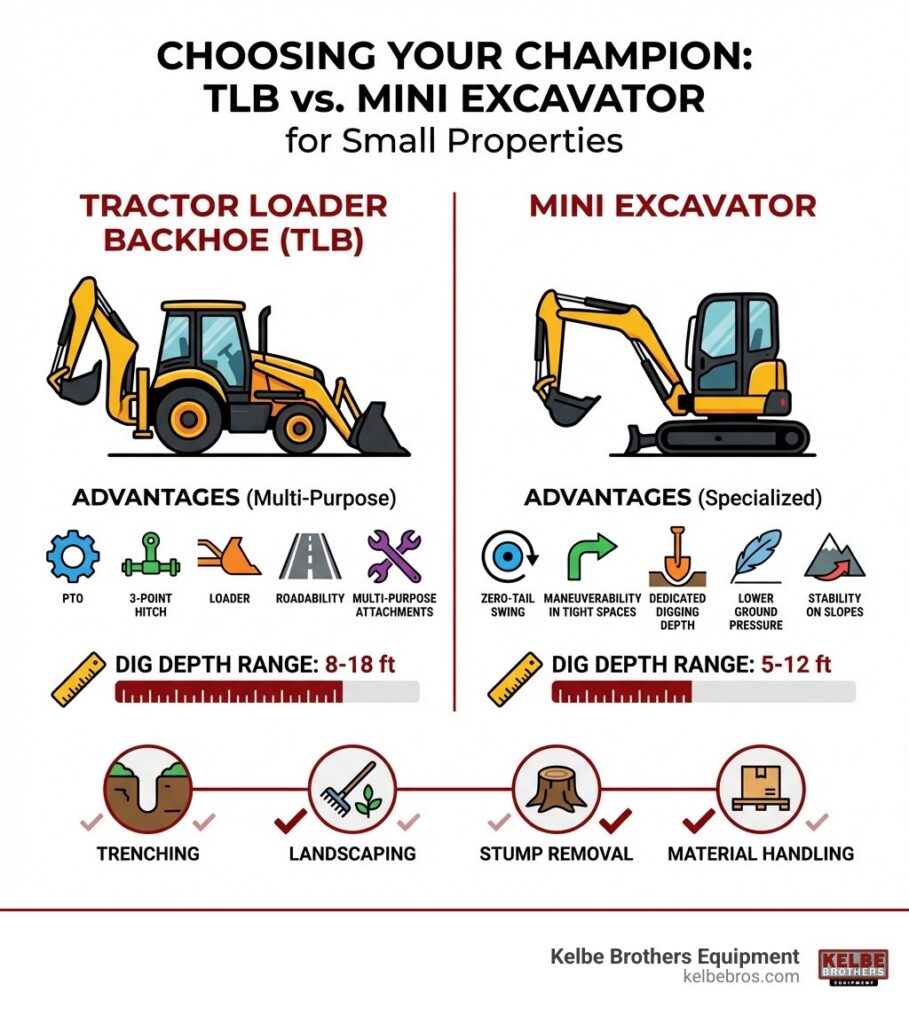 Infographic comparing Tractor Loader Backhoes (TLBs) vs. Mini Excavators for small properties: side-by-side visual showing TLB advantages (PTO, 3-point hitch, loader, roadability, multi-purpose attachments) vs. Mini Excavator advantages (zero-tail swing, maneuverability in tight spaces, dedicated digging depth, lower ground pressure, stability on slopes), with key specs like dig depth range 8-18 ft for TLBs and 5-12 ft for mini excavators, and use case icons for trenching, landscaping, stump removal, and material handling - best small backhoe tractor infographic