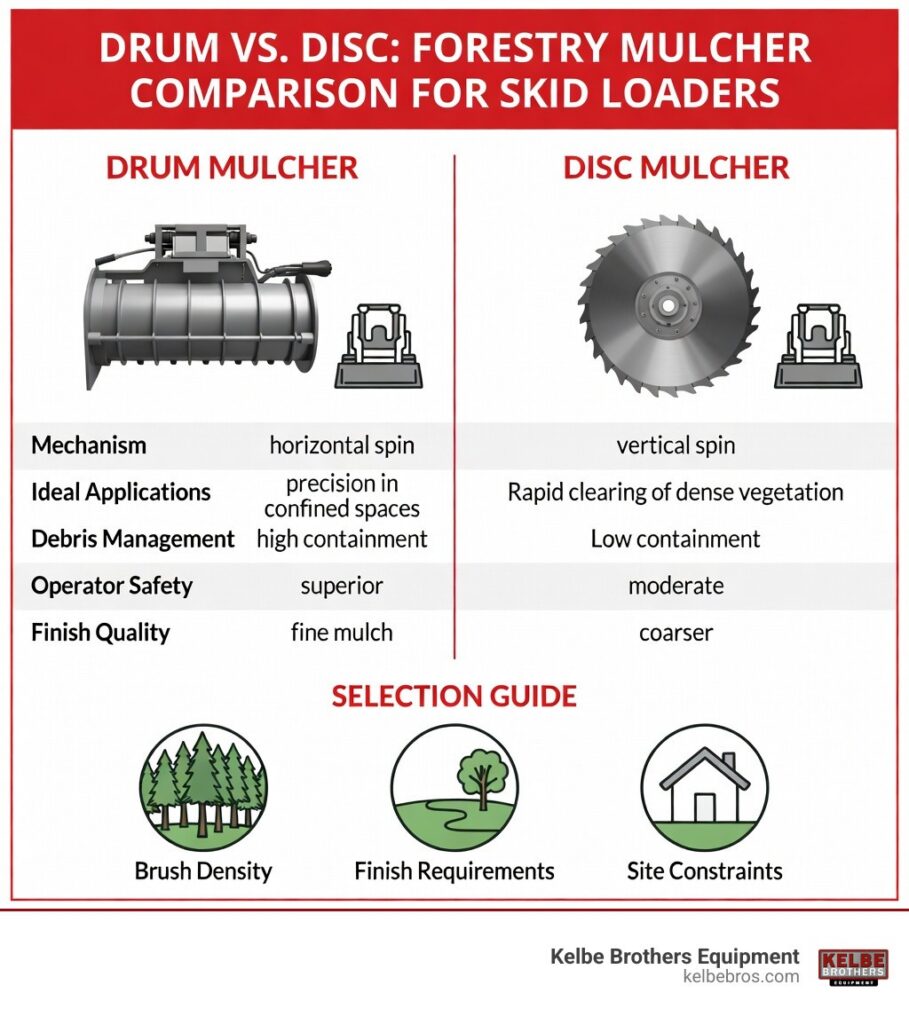 Table comparing drum and disc mulchers - skid loader forestry mulcher infographic