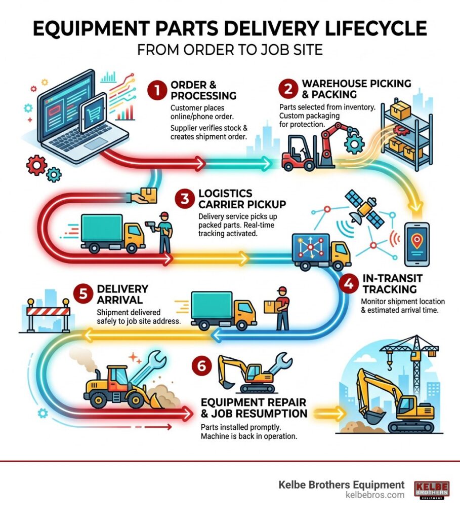 Equipment parts delivery lifecycle from order to job site - equipment parts delivery infographic
