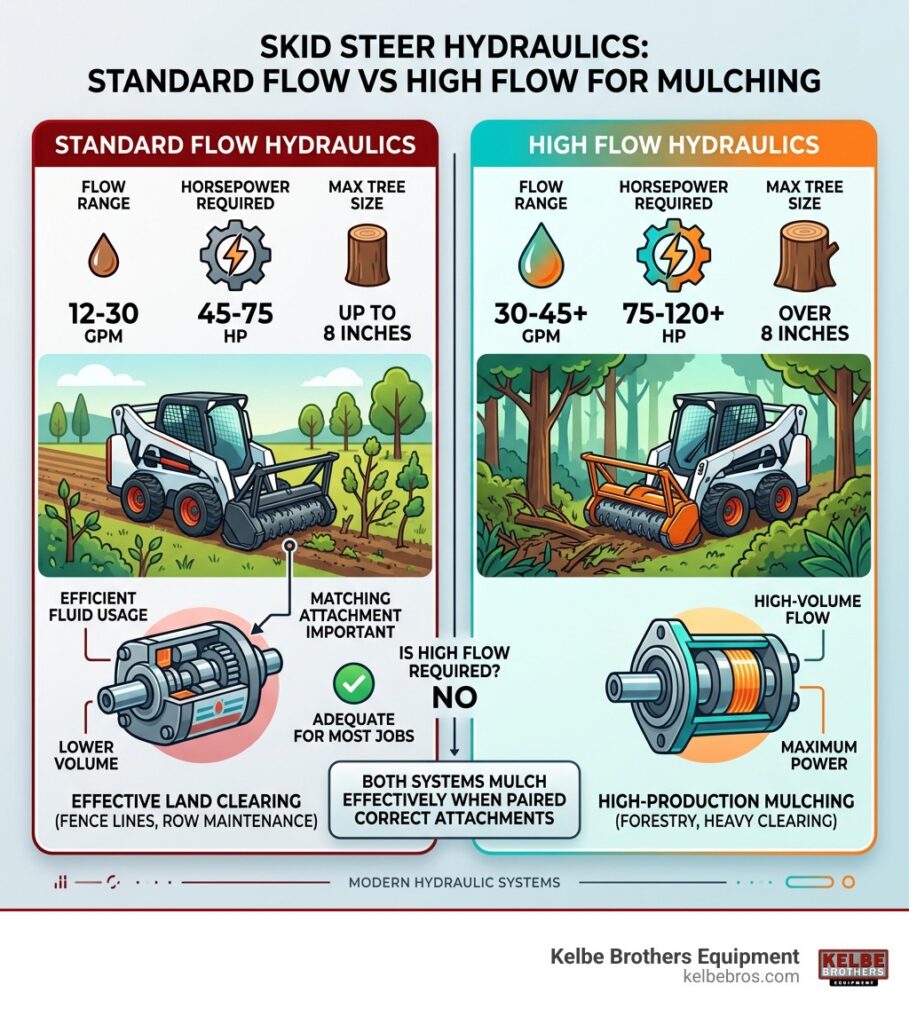 Standard flow vs high flow skid steer hydraulic system comparison infographic for mulching - low flow mulcher for skid steer