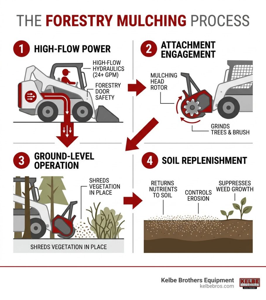 Infographic showing the forestry mulching process: high-flow skid steer powers mulching head, grinds trees and brush