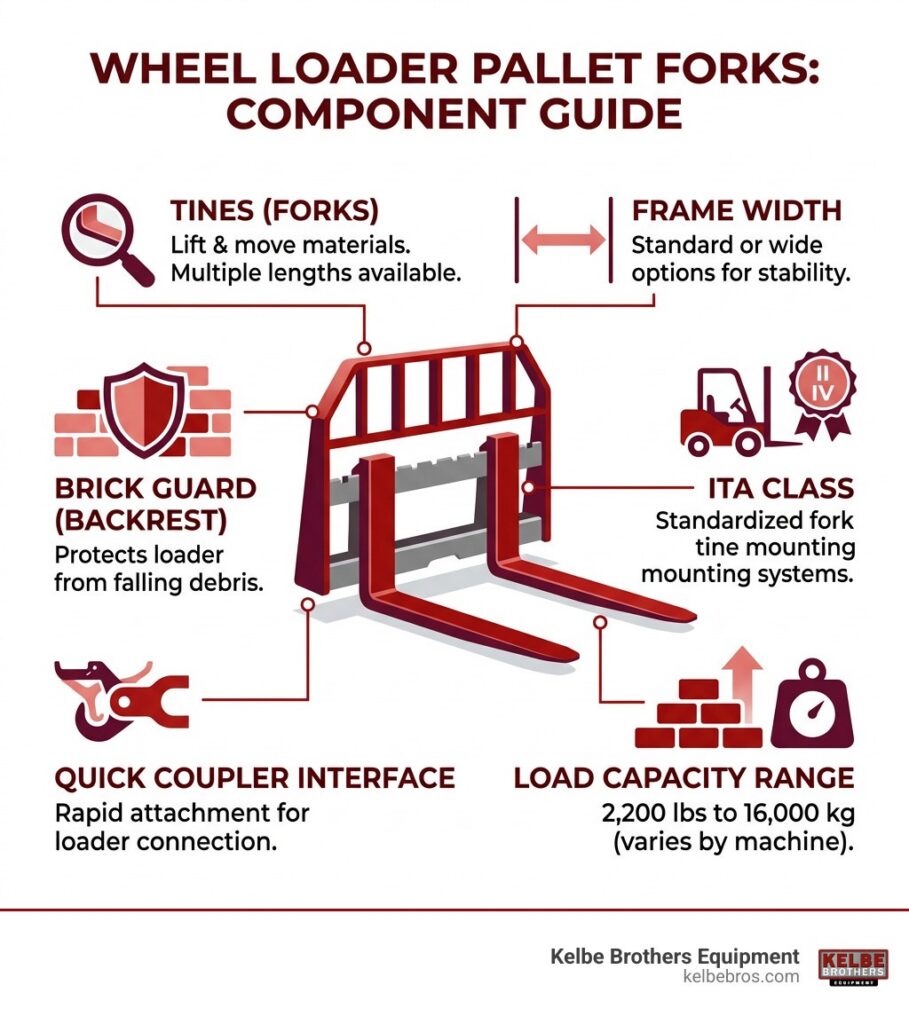 Infographic showing wheel loader pallet fork components: tines, frame width, ITA class, quick coupler, brick guard, and load