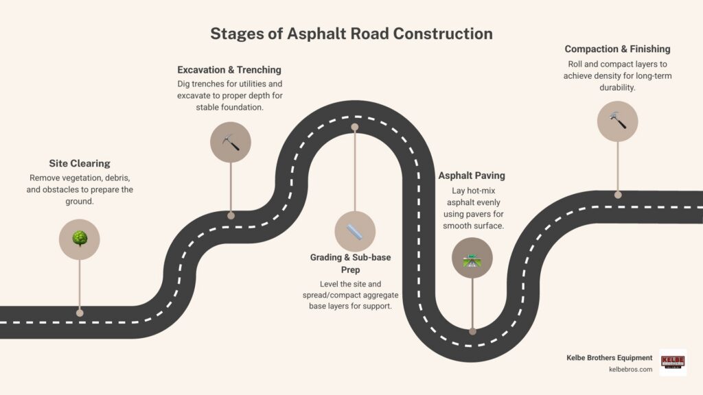 Stages of asphalt road construction from site prep to final compaction infographic - asphalt road construction equipment