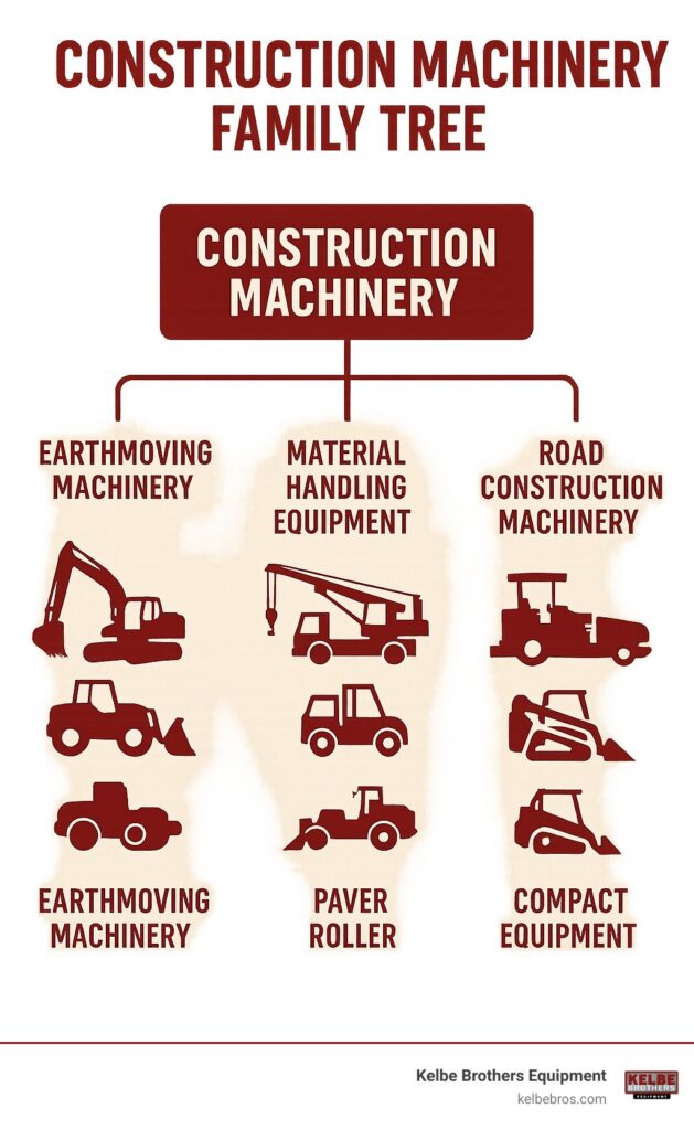 Construction Machinery Family Tree showing hierarchical classification of equipment types including earthmoving machinery (excavators, loaders, dozers), material handling equipment (cranes, forklifts), road construction machinery (pavers, rollers), and compact equipment (skid steers, mini excavators), with silhouettes of each machine type and their primary applications - construction machinery infographic