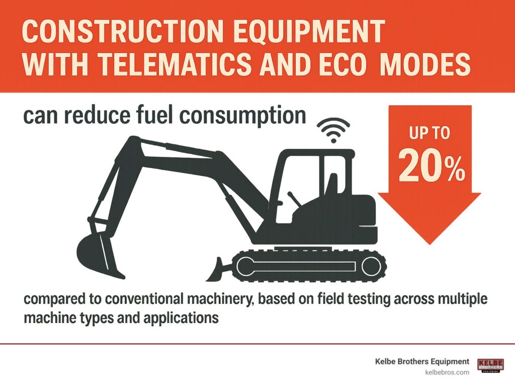 Statistic showing that construction equipment with telematics and eco-modes can reduce fuel consumption by up to 20% compared to conventional machinery, based on field testing across multiple machine types and applications - construction machinery infographic