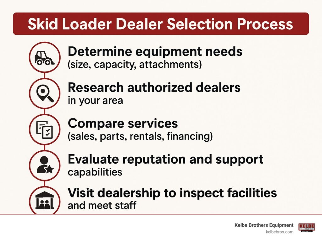 Skid Loader Dealer Selection Process showing: 1) Determine equipment needs (size, capacity, attachments), 2) Research authorized dealers in your area, 3) Compare services (sales, parts, rentals, financing), 4) Evaluate reputation and support capabilities, 5) Visit dealership to inspect facilities and meet staff - skid loader dealers infographic