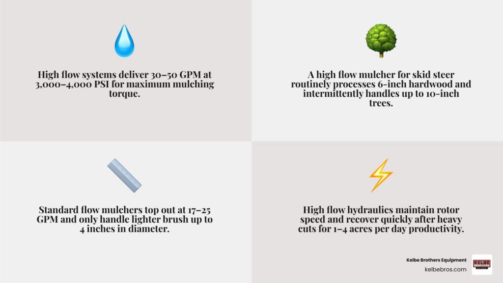 Standard flow vs high flow hydraulics comparison infographic for skid steer mulchers infographic