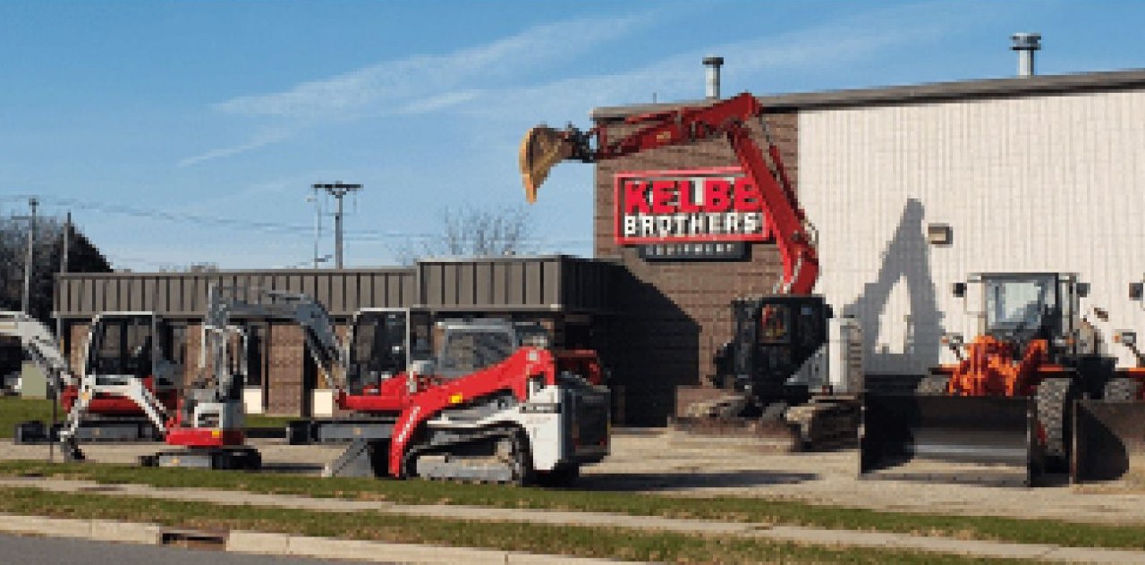 Machines lined up in front of Kelbe Brothers Equipment on Dutch Mill Road in Madison